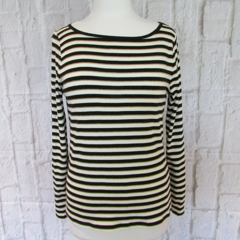 Talbots Womens Size M Striped Pima Cotton Black Cream Metallic Gold Knit Top